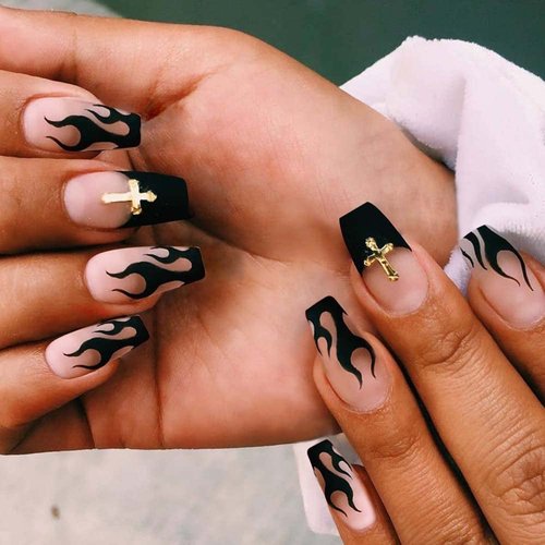 ANDGING Black Press on Nails Short Medium Coffin Fake Nails for Women with Flame Gold Cross Design French Tip Glue on Nails Acrylic False Nails Square Stick on Nails for Wedding Birthday 24Pcs