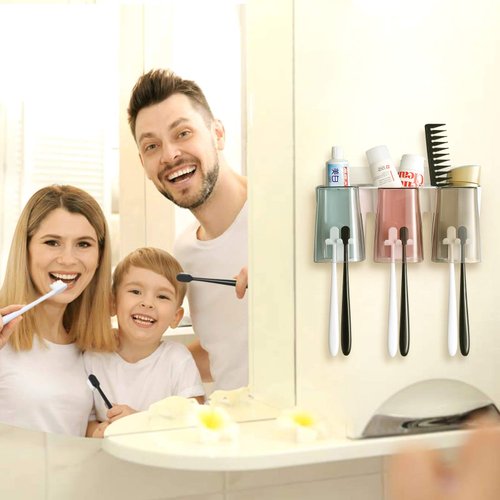 Goowin Toothbrush Holder for Bathroom, Eco-Friendly Mighty Large Capacity Toothbrush Holder Wall Mounted with 3 Square Cups for Family or Dormitory