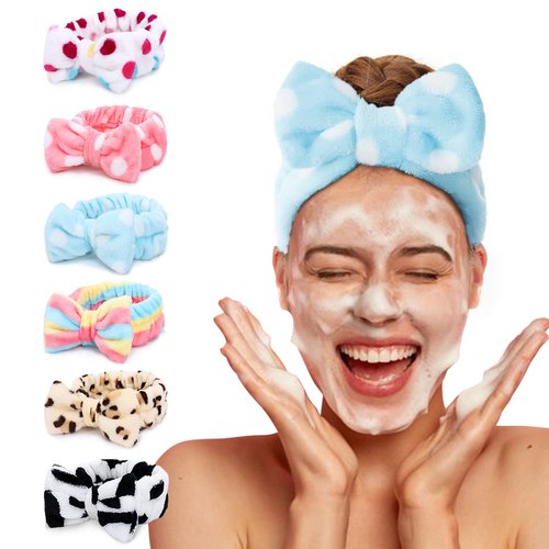 LADES Spa Headband – 6 Pack Makeup headbands Women Bow Hair Band Soft Coral Fleece Skincare Headband Face Wash Headband for Women Girls Washing Face