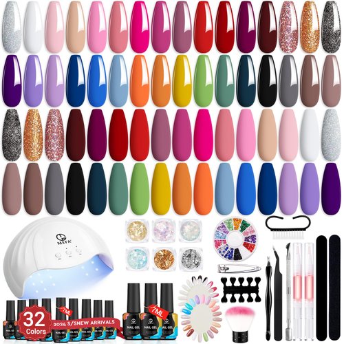 MEFA 56 Pcs Gel Nail Polish Kit with U V Light, 32 Colors All Seasons Soak Off Gel Polish Nail Set with Matte/Glossy Base Top Coat Essential Manicure Tools Nails Art DIY Gifts