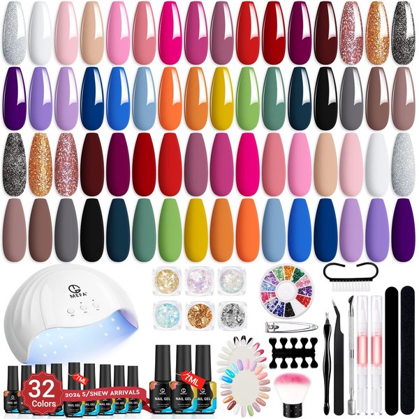 MEFA 56 Pcs Gel Nail Polish Kit with U V Light, 32 Colors All Seasons Soak Off Gel Polish Nail Set with Matte/Glossy Base Top Coat Essential Manicure Tools Nails Art DIY Gifts