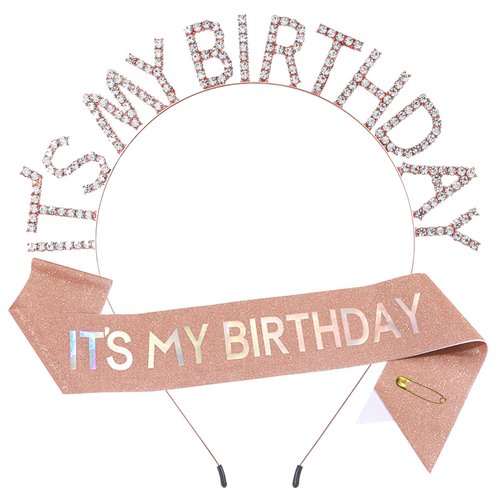 'IT'S MY BIRTHDAY' Sash Headband set,Rose Gold Happy Birthday Sash Crown Tiara for Women,Iridescence Multicolor Foil,Girl Party Supplies Decorations for Sweet 16,18,21,30,40,or Any Bday Party