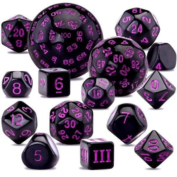 AUSTOR 15 Pieces Complete Polyhedral Dice Set D3-D100 Game Dice Set with a Leather Drawstring Storage Bag for Role Playing Table Games(Black & Purple)
