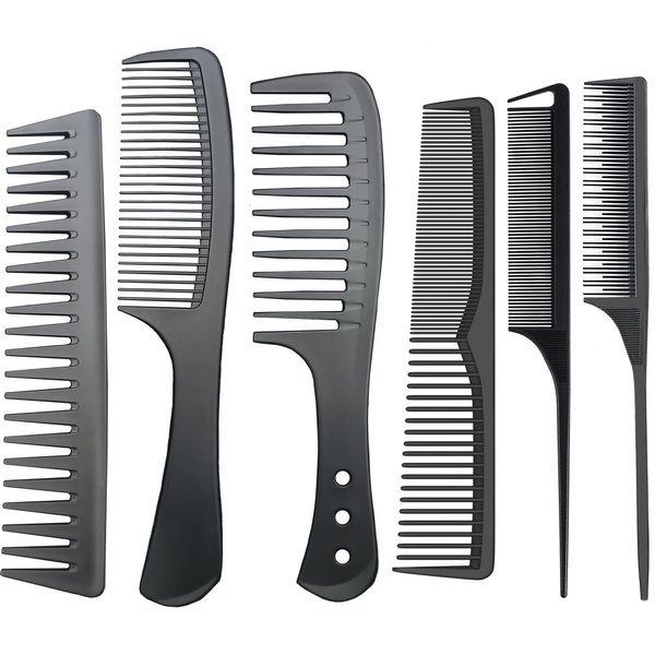 Professional Comb Set Black 6 Piece - Carbon Fiber Anti Static And Heat Resistant Comb-Fine and Wide Tooth Comb for Men and Women - Parting Teasing and Hair Styling