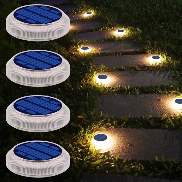 Solar Deck Lights Outdoor Waterproof LED,Warm White Solar Ground / Dock Lights Marine, Solar Driveway Lights Wireless ,Flat Solar Disk Lights for Steps,Porch,Landscape,Pathway,Patio,Yard