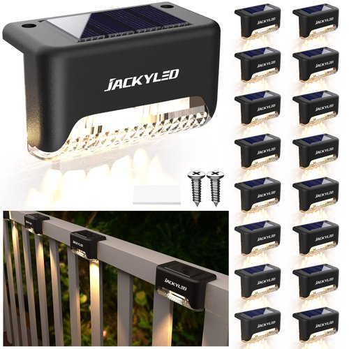 JACKYLED 16 Pack, Step Lights Waterproof LED Solar Power Outdoor Fence Light for Deck Stair Railing, Outside Lighting for Wall Garden Backyard Patio Balcony Decor