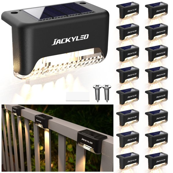 JACKYLED 16 Pack, Step Lights Waterproof LED Solar Power Outdoor Fence Light for Deck Stair Railing, Outside Lighting for Wall Garden Backyard Patio Balcony Decor