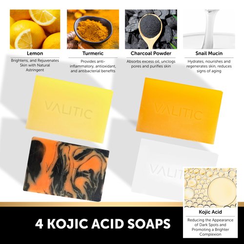 VALITIC Kojic Acid Soap Bars - Turmeric, Snail Mucin, Charcoal and Lemon - 4 Assorted Dark Spot Remover Soaps with Hyaluronic Acid, Vitamin C, Vitamin E and Shea Butter
