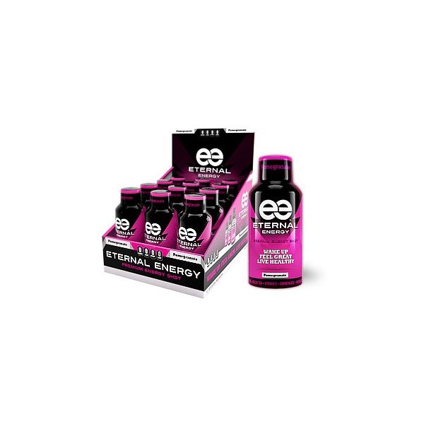Eternal Energy shot POMEGRANATE flavor with 25 vitamins, minerals, amino acids, and antioxidants and no sugar added.