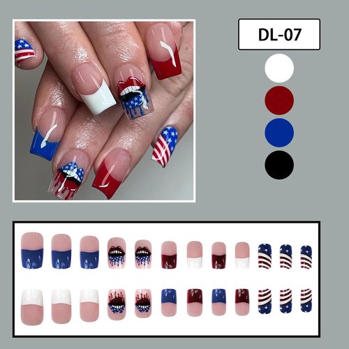 Independence Day Press on Nails Short Square Fake Nails 4th of July Red White Blue French Tip Design with Red Lips False Nails American Flag Glue on Nails for Women Patriotic Manicure Decoration 24Pcs