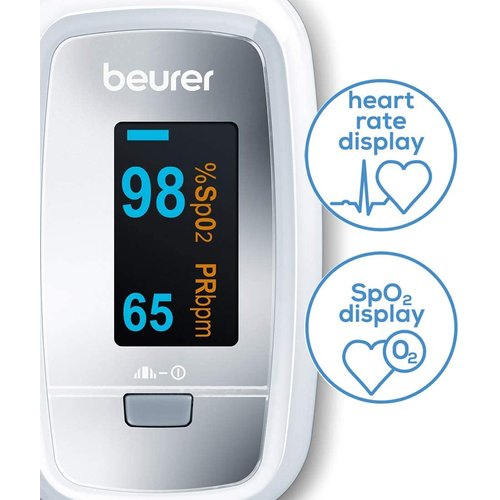 Beurer PO30 Fingertip Pulse Oximeter with 4 Color Display Formats, Lanyard, Protective Storage Bag, and Batteries – Blood Oxygen Saturation Monitor with Heart Rate, Oxygen Meter Finger Pulse Oximeter