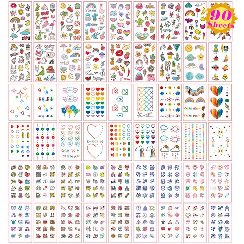 Casciybo 90Sheets Small Temporary Tattoos for Women Girls Kids, Fake Cute Colorful Hearts Stars Tattoo Stickers Waterproof for Body Arm Birthday Party Favors Supplies Gifts