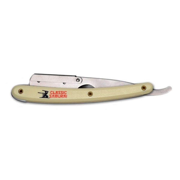 Classic Samurai Stainless Steel Professional Barber Folding Straight Edge Razor Shavette Men's Shaving Kit with 200 Count Lord Single Edge Razor Blades (Cream)