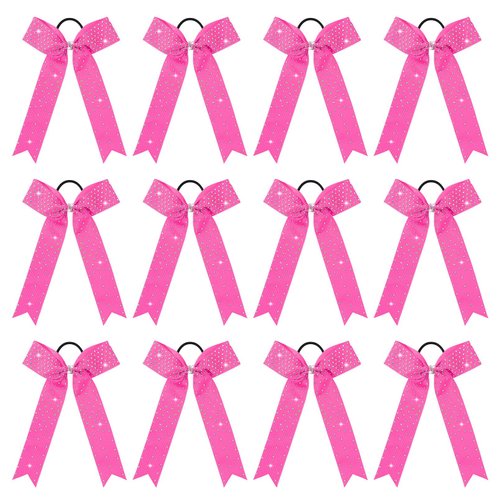 DEEKA 12 PCS Glitter Collegiate Style Cheer Bows Long Tail Full Rhinestones Skinny Shiny Cheer Bow Ponytail Holder Handmade Bows for Girls Teens Cheerleader Sports -Pink