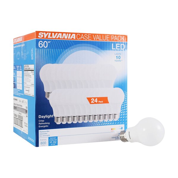 SYLVANIA LED A19 Light Bulb, 60W Equivalent, Efficient 8.5, 10 Year, W, 5000K, 800 Lumens, Frosted, Daylight - 24 Count (Pack of 1)