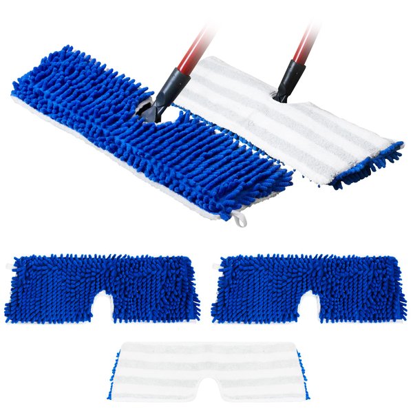 Houseables Flip Mop Refills, Replacement Pads, 18 x6 Inch, 3 Pack, White, Blue, Dual-Action Microfiber Head Floor Mops, Dry/Wet, Machine Washable, Double Sided Velcro Flat Sponge, All Surface Cleaning