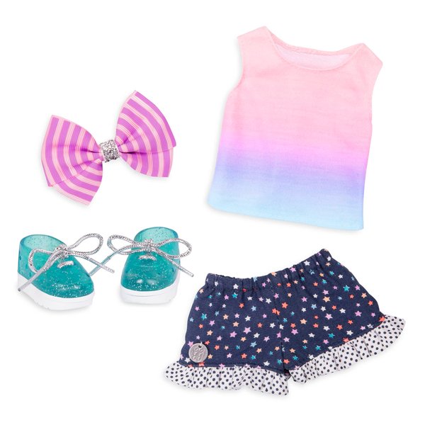 Glitter Girls – 14-inch Doll Clothes – 4pcs Starry Outfit – Colorful Top & Polka Dot Shorts – Glittery Shoes & Hair Bow – 3 Years + – Twinkle Like A Star