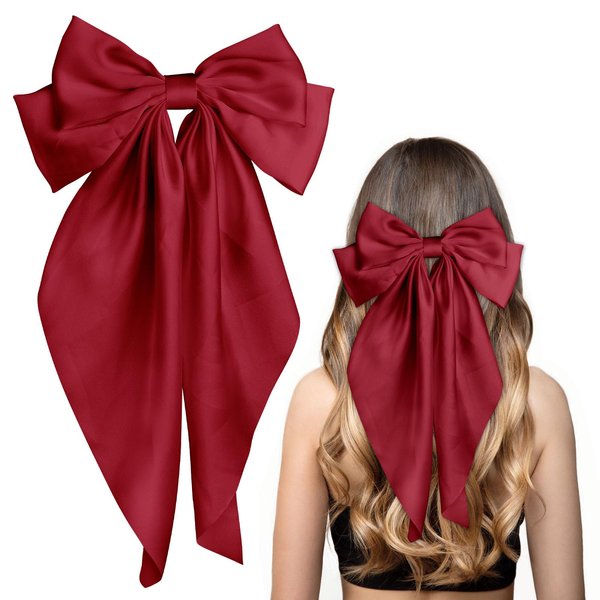 EIOAUY Big Bows Hair Clips for Women Long Tail Bow Hairpin Soft Silky Satin Hair Hairpin Metal Clips French Barrettes Cute Hair Clips Gifts for Women Girl (Red)