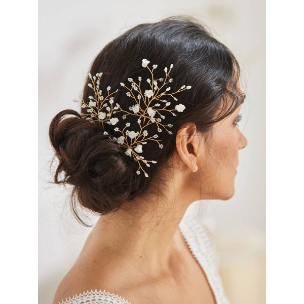 SWEETV Flower Beaded Wedding Hair Pins Rhinestone Bridal Hair Accessories decorative for Brides and Bridesmaid(Pack of 3), Gold