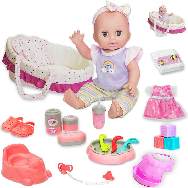 12 Inch Baby Doll Play Set with Carrier Bassinet Bed,Talking Realistic Newborn Baby Doll Toys Incl 2 Clothes & Accessories, Feeding Care Toddler Infant Doll Gifts for Age 3 4 5 6+ Years Old Girls Kid
