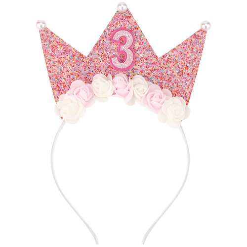 SuPoo 3rd Birthday Decorations for Girl 3rd Birthday Girl Headband Birthday Crown for Girls Glitter Hair Band for Party 3 Year Old Happy Birthday Decorations Flower Princess Tiara Hair Accessory