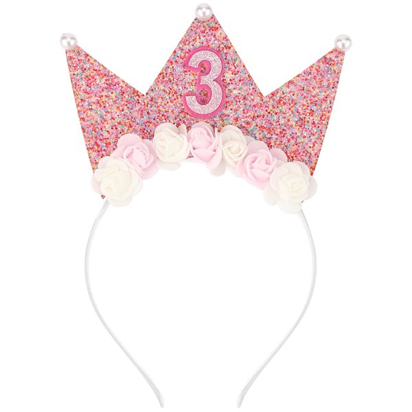 SuPoo 3rd Birthday Decorations for Girl 3rd Birthday Girl Headband Birthday Crown for Girls Glitter Hair Band for Party 3 Year Old Happy Birthday Decorations Flower Princess Tiara Hair Accessory