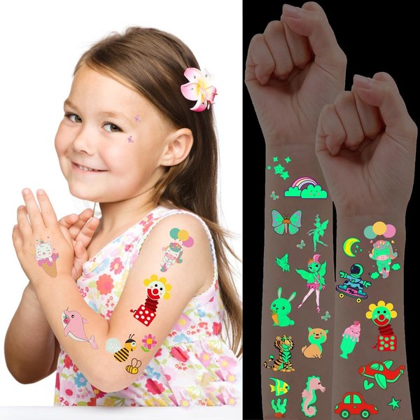 30 Sheets 380PCS Temporary Tattoos for Kids Glow in the Dark Tattoos for Boys Girls Birthday Decorations Face Makeup Tattoos Stickers, Holiday Party Supplies