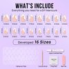 BTArtbox Press On Nails Almond - Designed White French Tip Press On Nails Short with Gold Foil, Glue On Nails for Summer Day Gifts, Natural Stick On Nails in 16 Sizes - 30 Nail Kit, Tiny Gloden