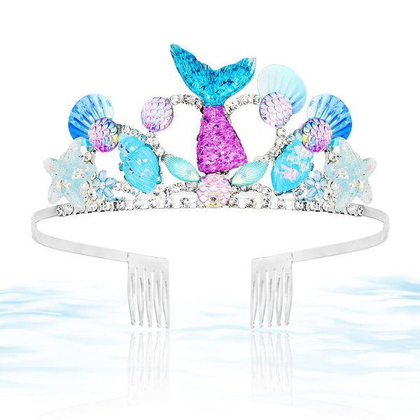 CURASA Blue Seashell Headband for Women Girls Princess Crown Headbands Starfish Hairband Rhinestone Birthday Decoration Princess Head Band for Little Girls Hair Accessories for Party Gifts