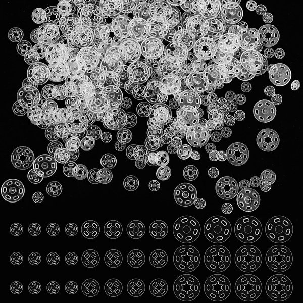 100 Sets Plastic Sew-on Snap Buttons Invisible Snap Fasteners Buttons Round Clear Press Button for Sewing Clothing DIY Craft, 7 mm 10 mm 15 mm