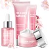 JAPAN SAKURA Skin Care Set, Cherry Blossom Skincare Set for Teen Girls & Women, Moisturizing & Repairing Skin, 4 Pcs Collagen Skin Care Kits for Travel with Facial Cleanser, Serum, Cream & Eye Cream