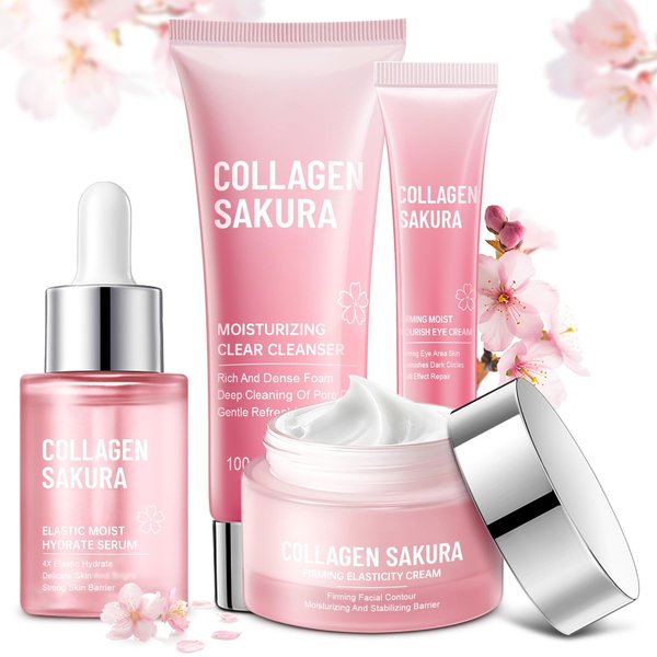 JAPAN SAKURA Skin Care Set, Cherry Blossom Skincare Set for Teen Girls & Women, Moisturizing & Repairing Skin, 4 Pcs Collagen Skin Care Kits for Travel with Facial Cleanser, Serum, Cream & Eye Cream