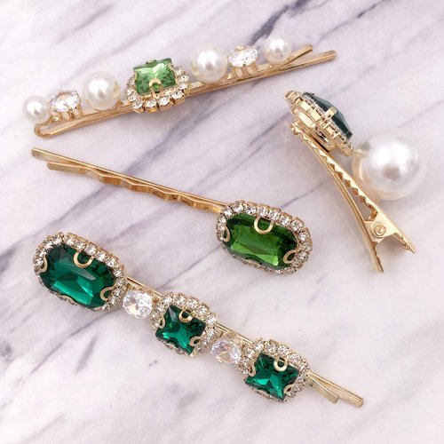 4PCS Vintage Green Crystal Pearl Gold Bobby Pins Decorative Hair Slides Clips Accessories Women