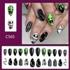 24 Pcs Halloween Press on Nails Medium Almond Fake Nails Black Acrylic Nails with Spider Web and Green Monster face Designs Glossy False Nails Stick on Nails Press on Nails for Women Girls