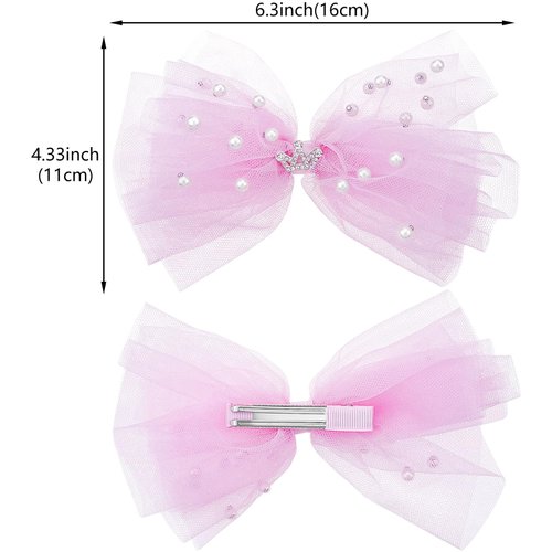 4Pcs Pearl Hair Bows Hair Clips Tulle Crown Hair Pins Elegant Lace Veil Hair Barrettes Crystal Duckbill Hair Clips Cute Blue Pink Hair Accessories for Women Girls