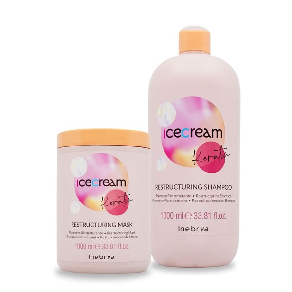 Inebrya Ice Cream Keratin Restructuring Shampoo & Mask Set - Frizz Control, Hydration, and Nourishment for Chemically Treated Hair, 2 x 1000ML