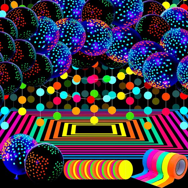 Glow in the Dark Party Supplies Glow Neon Party Supply Set, 98.4 ft 6 Rolls Blacklight Luminous Tape 14.4 ft Neon Streamer Garland 25 Pcs Fluorescent Balloon Decoration(Bright Dot)