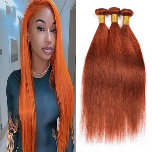 Orange Straight Bundles Color 350 Human Hair Straight Bundles Ginger Orange Human Hair Bundles Double Weft Brazilian Remy Hair Extensions Soft and Silky For Black Women (14 16 18 inch,3 Bundles)