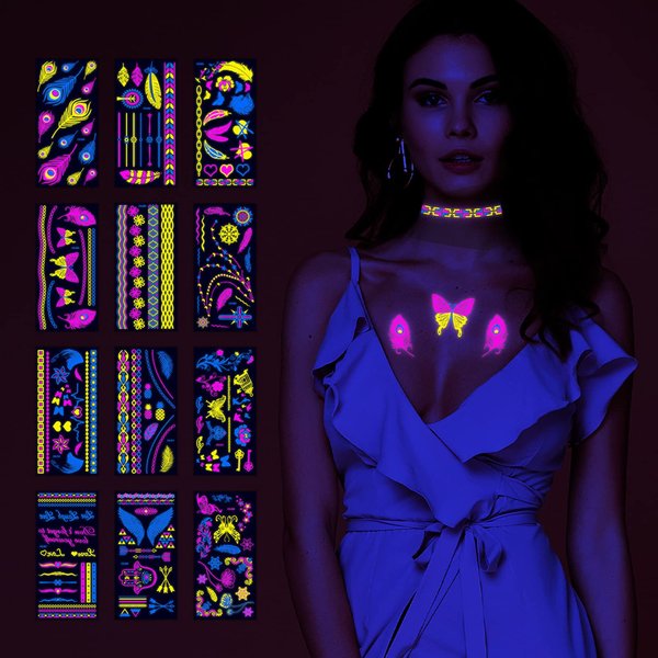SHESRA UV Neon Temporary Tattoos, Assorted Designs Glow UV Neon Body Face Butterfly Feather Flash Fake Waterproof Tattoo Stickers for Nightclub Bar Make Up Costume Cosplay Party Favor 12 Sheets