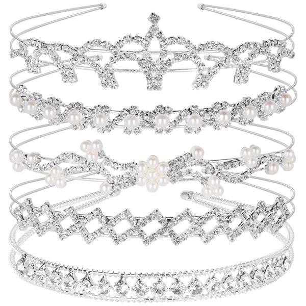 Crystal Headband Set of 5, Teenitor Jewelry Rhinestone Women Girl Hair Style Accessories Wedding Party Tiara Headdress- Silver
