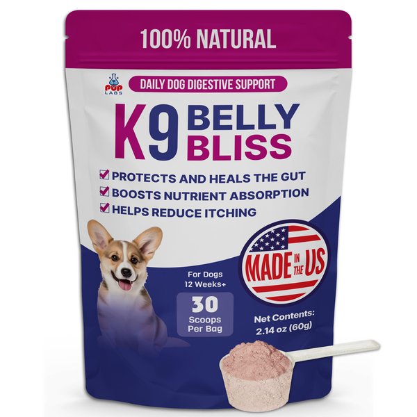 Pup Labs K9 Belly Bliss, All-Natural Gut Health for Dogs, Vet Approved Prebiotic for Dogs for Daily Digestive Support and Dog Constipation Relief, Easy to Use Topper for Dry and Wet Food, 30 Scoops.