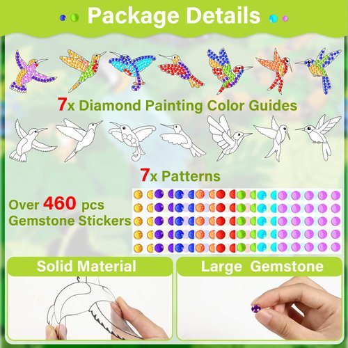 Qyeahkj 7pcs Spring Hummingbirds Arts and Crafts Suncatchers Big Gem Diamond Painting for Kids DIY Arts Crafts for Kids Ages 6-8, 8-12 Birds Stained Glass Gifts Exchange for Home School Window Decor