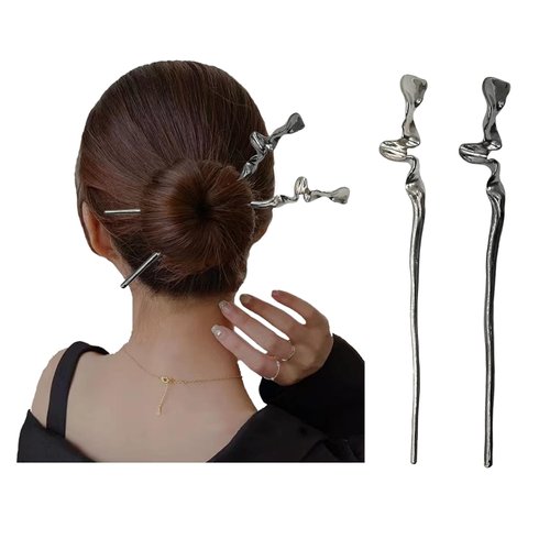 2PCS Metal Hair Sticks for Women Vintage Hair Chopsticks for Women Minimalism Irregular Curve Hair Sticks for Buns Chinese Hair Sticks Pins Decorative Hair Pins Hair Accessories for Women Girls