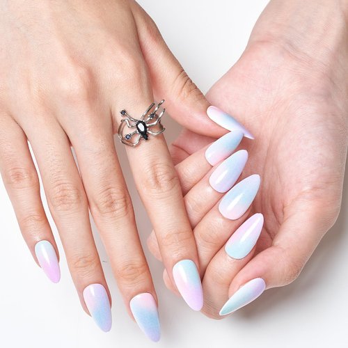GLAMERMAID Press on Nails Almond,Ombre Gel False Nails with Design,24 PCS Glue on Nails,Reusable Acrylic Stick on Nails Tips Manicure Set for Women,Hazy Beauty