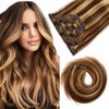 Clip in Hair Extensions 70g Seamless Clip in Hair Extensions Human Hair Balayage Blonde Highlighted Medium Brown Human Hair Clip in Extensions 7pcs 16inch Double Weft Remy Hair Extensions