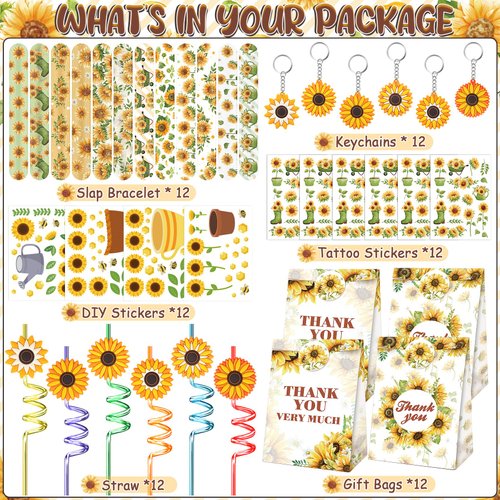 Erweicet Sunflower Party Favors 72 PCS Slap Braclets Temporary Tattoos DIY Stickers Keychains Straws Gift Bags for Summer Autumn Sunflower Theme Party Baby Shower Goodies Bag Filler