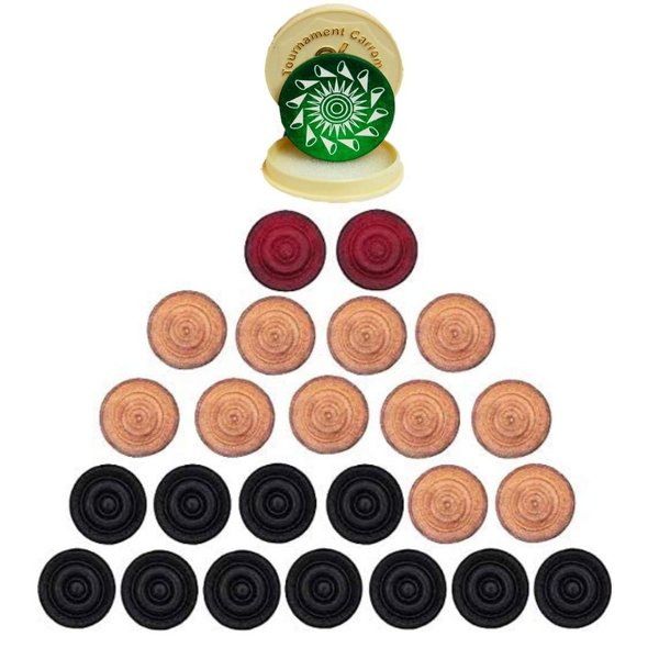 Family Cart Carom Board Coins Wooden Solid Set and Green Tournament Striker with Case ( 24 Carrom Board Pieces with Cover/Striker + 1 Green + 1 Kids Small Striker Random Design) – White/Red/Black