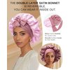 Satin Bonnet for Women Silk Bonnets for Sleeping Curly Hair Bonnet with Elastic Tie Band Reversible Double Layer Sleep Cap Hair Wrap (Double-Layer Reversible Satin Bonnet - Bean Paste + Pink)