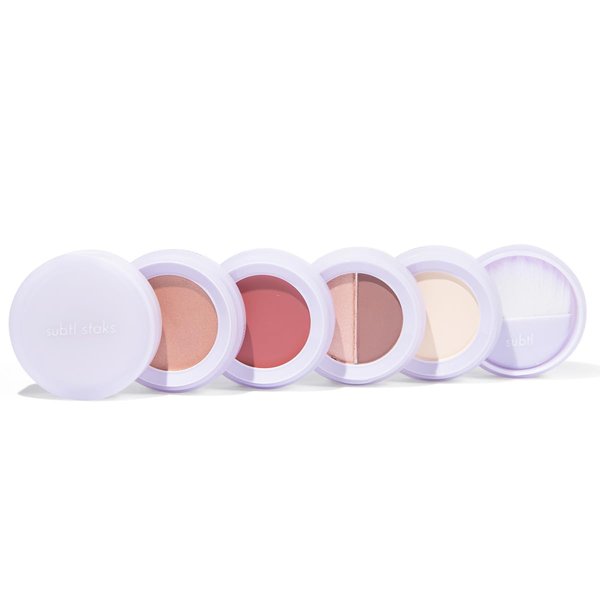 4-in-1 travel makeup kit by subtl beauty | eyeshadow duo, shine control powder, cream highlighter, lip and cheek | includes mirror lid and mini brush | stackable makeup designed for travel