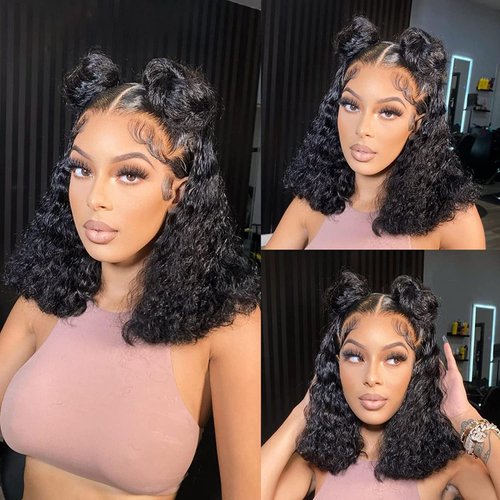 Besurina Curly Bob Wig Human Hair 14 Inch Glueless 13x4 Lace Front Wigs Pre Plucked for Black Women 180% Density Mongolian HD Kinky Curly Bob Lace Frontal Wigs Wet and Wave